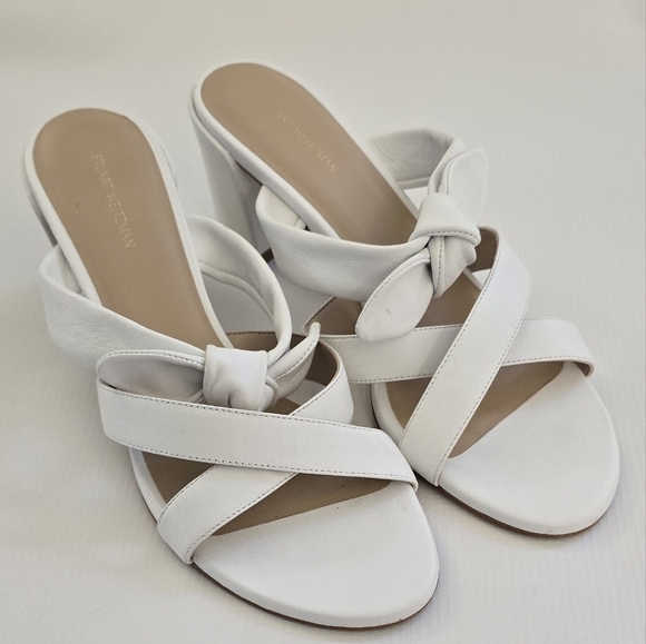Stuart Weitzman | White Bandeau Bow Leather Sandals, Size 10 - Picture 1 of 9